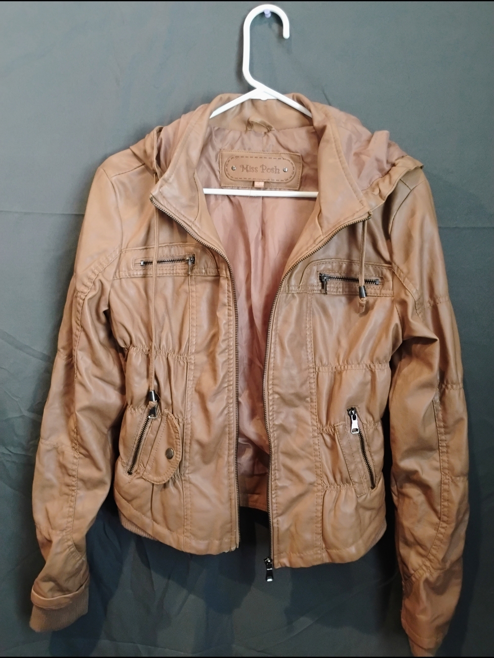 Miss Posh Women's Tan Faux Leather Hooded Jacket with Zip Pockets